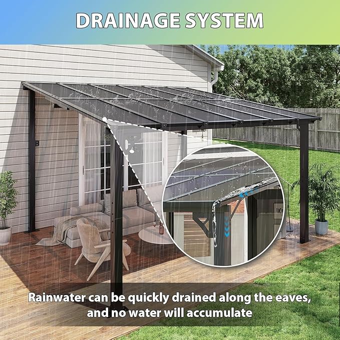 Aoxun 12'x 10' Premium Gazebo with Aluminum Top Frame & Polycarbonate Panel, Wall Mounted Gazebos Pergola, Outdoor Patio Lean to Gazebo, Awnings with Sloped Roof, for Backyard, Porch, Deck