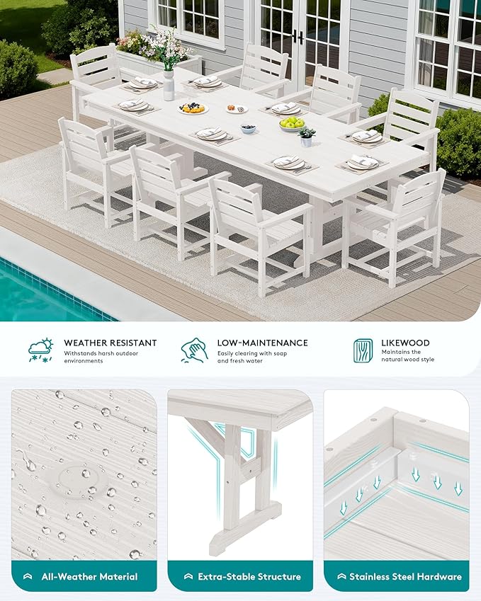 SERWALL 9 Piece Outdoor Dining Set, 84" HDPE Outdoor Table and Chairs for 8，All Weather Patio Furniture Set with Umbrella Hole for Backyard, Garden, White