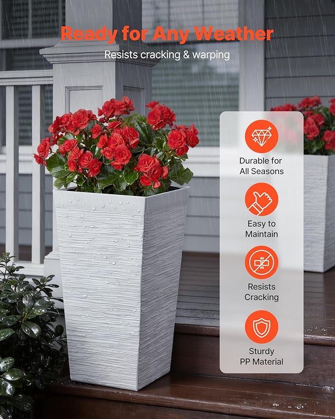 VEVOR Set of 2 Tall Planters for Outdoor Plants 23 inch, White Tall Planter for Indoor Plants, Modern Planters for Front Porch Patio Balcony, Plant Container Flower Pots with Built-in Drainage