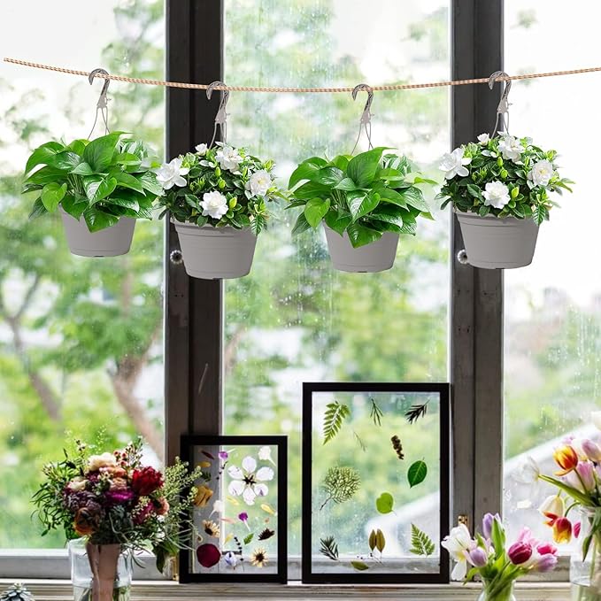 VIDELLY 4 Pcs Hanging Planters,10" Hanging Pots Plastic Hanging Flower Plant Basket with Drainage Trays & Chain Holder for Outdoor Indoor Plants Garden Balcony Decoration, Light Gray