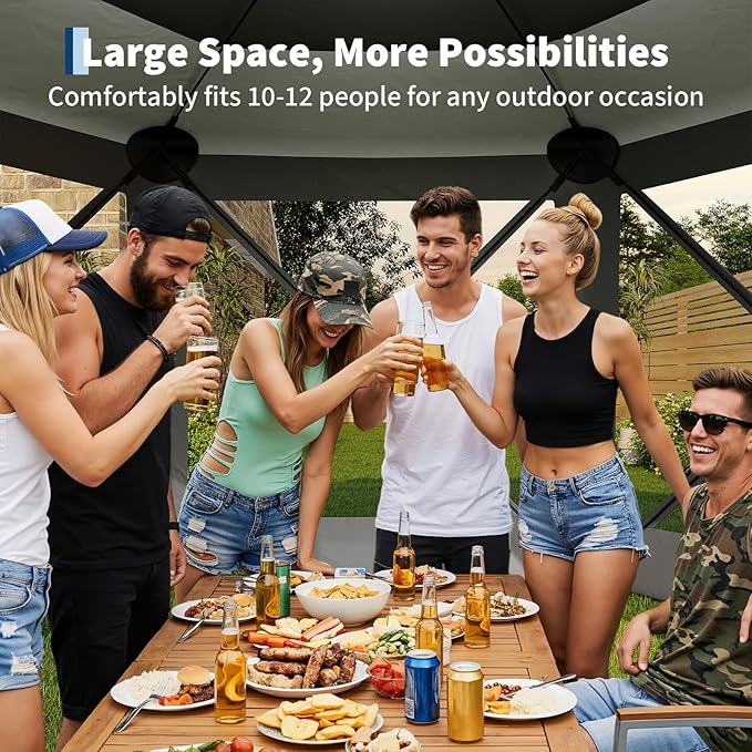 11.5x11.5FT 6-Sided Pop Up Gazebo Tent，One-Push Setup Canopy Tent with Mesh Panels & Removable Wind Cloths, Outdoor shelter for Camping, Backyard Parties, Outdoor Events - Grey