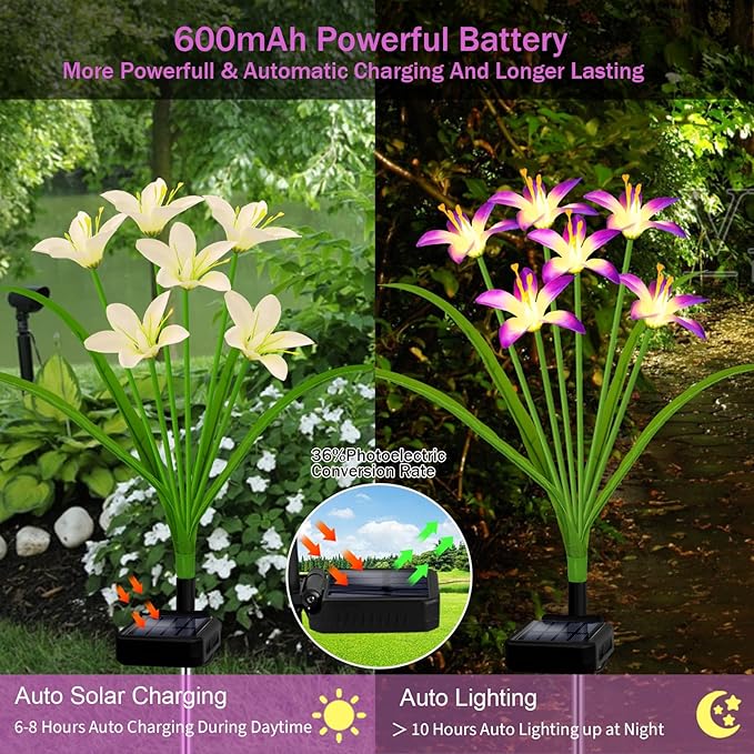 Solar Garden Lights New Upgraded Solar Wild Lily Flower Lights, Yard Patio Pathway Deco High Flexibility Copper Wire & Handmade Silk Artificial Flowers Never Wither, Gift for Family Friends