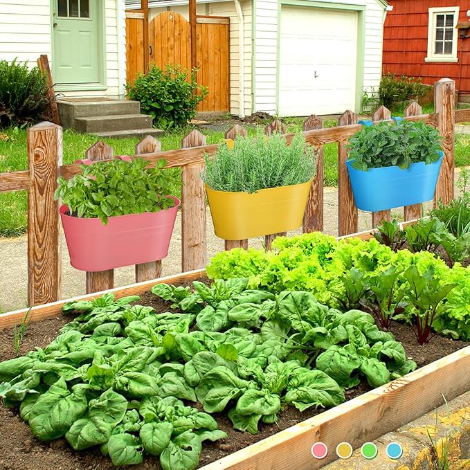 MADHOLLY Railing Planter with Drainage Holes - Sturdy Bucket Pots for Railing Fence, Countryside Style Metal Flower Pots for Herbs Balcony Garden Yard Decor, 4Pcs, Colorful