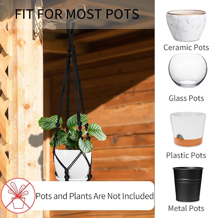 Macrame Plant Hanger - Fits 4 to 15 inches Pots for Indoor Outdoor, 43"/35"/29" Different Sizes Set, Black (POTS NOT Included)