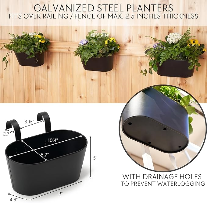 KIBAGA Beautiful Hanging Flower Pots for Outside Railing Or Fence - Stylish Set of 3 Outdoor Planters for Any Balcony, Porch or Deck - Window Planter Boxes are Perfect for Your Flowers