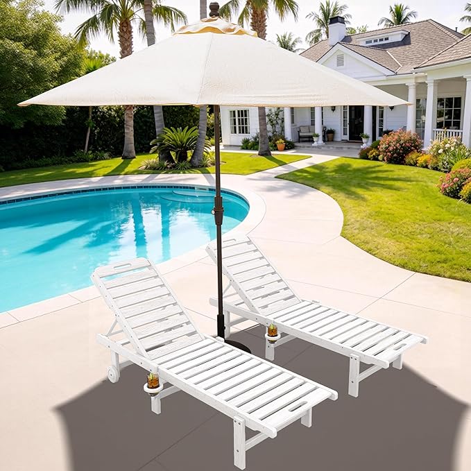 SERWALL Outdoor Chaise Lounge Set of 2 with 9FT Patio Umbrella, HDPE Pool Lounge Chair with 5-Position Adjustable Backrest, Patio Lounger with Rolling Wheels & Cup Holder for Pool, White