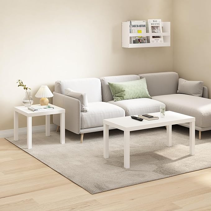 Furinno CLASSIC Coffee Table, Modern Rectangle Coffee Table with 1.8" Triple Thick Tabletop, Side Table, Toolless Assembly, for Living Room, Home Office, White