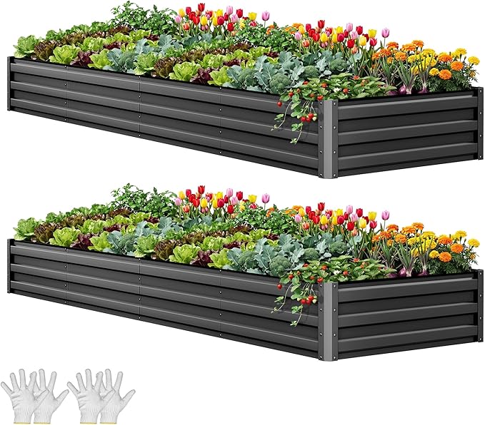 YITAHOME 12x4x1ft 2pcs Large Raised Garden Bed Kit, Galvanized Metal Planter Box with Gloves, Ground Nails, Support Rod, Outdoor Above Ground Planters for Plants Vegetables Flowers, Black