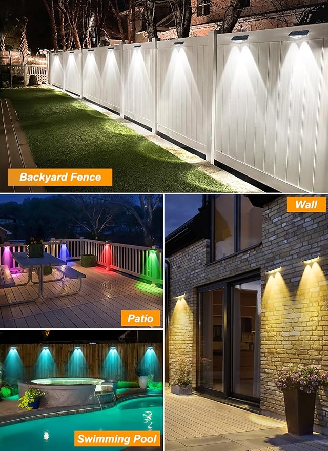 Solar Fence Lights, Fence Light Solar Powered with 6 RGB Colors & Warm White & Cool White, Waterproof Bright Backyard Fence Solar Outdoor Lights for Outside Deck Wall Step Patio Pool(12 Packs)