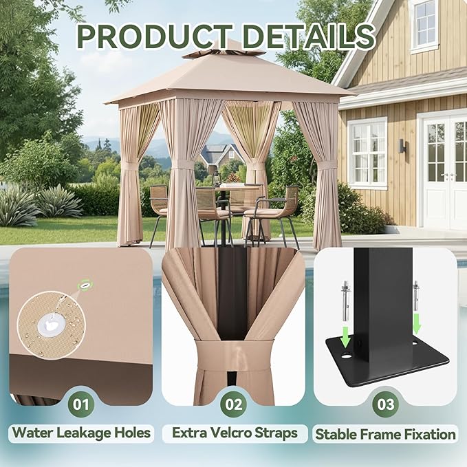AOXUN Outdoor Gazebo for Patio 8x8 Metal Frame Canopy with Double Roofs Heavy Duty Party Tent and Shelter with Mosquito Netting and Privacy Screen for Backyard, Lawn, Garden, Deck (Khaki)