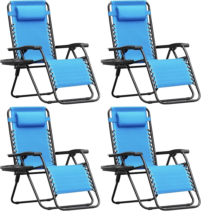 Homall Zero Gravity Chair Patio Folding Lawn Outdoor Lounge Gravity Camp Reclining Lounge Chair with Cup Holder Pillows for Poolside Backyard and Beach Set of 4 (Sky Blue)