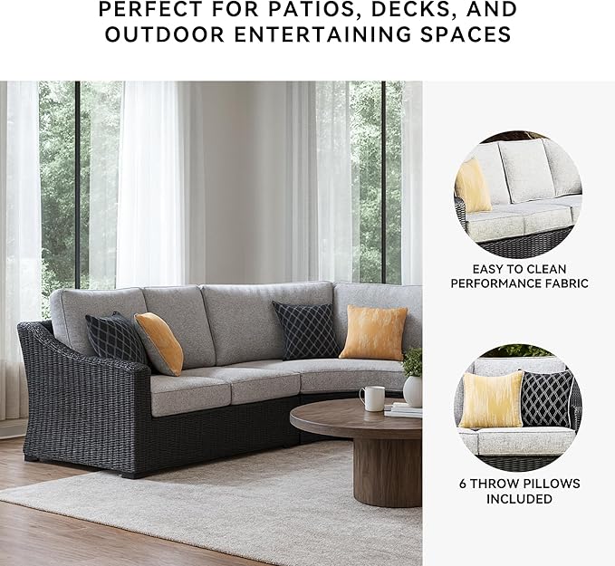 Signature Design by Ashley Beachcroft Curved Modern 3-Piece Outdoor Sectional with Cushion and 6 Throw Pillows, Light Gray