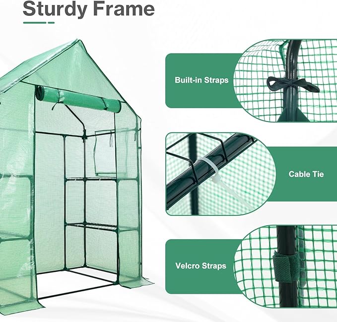 Aoodor Walk-in Greenhouse with 4 Shelves, 4.7×2.5×6.4 ft Outdoor Garden Plant House with PE Cover for Growing Vegetables, Flowers, Herbs