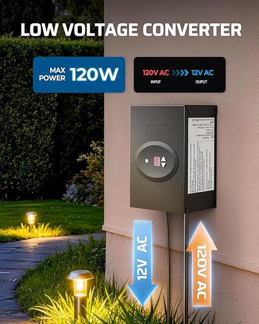 DEWENWILS 120W Low Voltage Landscape Transformer, Outdoor Transformer with Timer and Photocell Sensor, 120V AC to 12V AC, Weatherproof, for LED Lighting, Spotlight, Pathway Light, ETL Listed