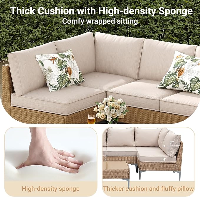 Jing's Villa 5-Piece Outdoor Patio Furniture Set,Ratten Conversation Sectional Sofa w/Coffee Table, All-Weather Patio Conversation Set with Thick and Anti-Slip Cushions for Backyard,Deck,Beige