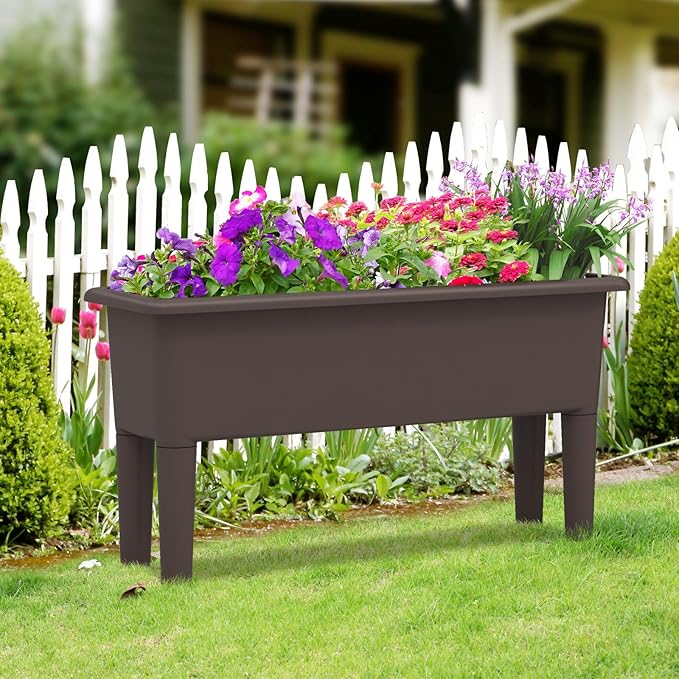 Giantex Raised Garden Beds Outdoor Set of 2, Self-Watering Planter Box with Detachable Legs & Drainage Hole, Outdoor Raised Container for Vegetable Fruit Herbs, 31.5”Lx12”Wx16”H, Easy Assembly (Brown)