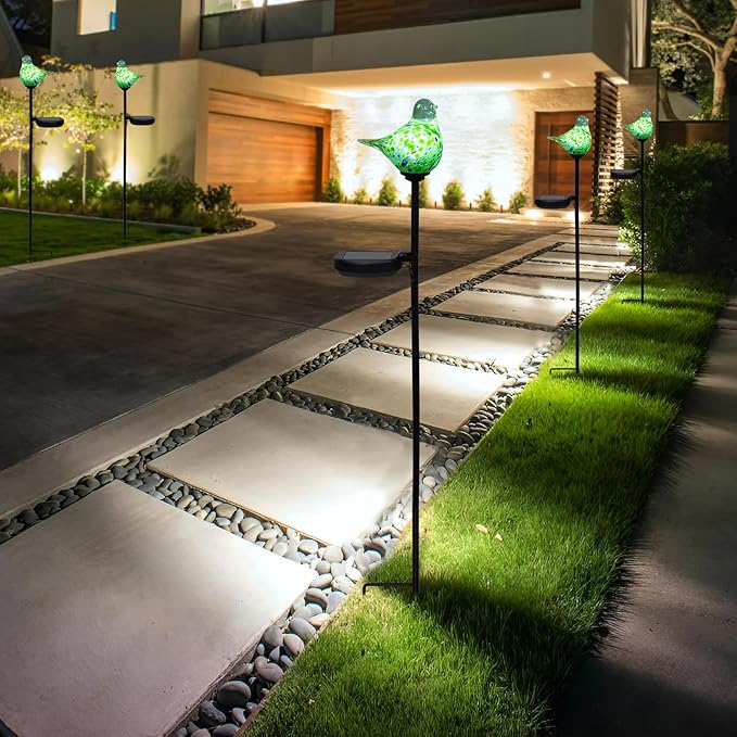 Bshine Solar Garden Decoration Outdoor Green Bird Lights, 2 Pack Hand Blown Glass Bird Waterproof Solar Light Stake Hummingbird Decorate Paths, Pathways, Lawns and Yards Art for Mom