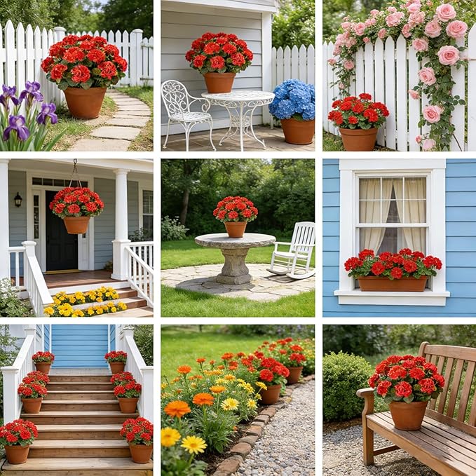 Artificial Flowers for Outdoors, 6 Bundles Realistic Silk Fake Red Geraniums, UV Resistant Faux Flowers for Planters, Hanging Baskets, Window Boxes, Porch, Patio Valentine's Day Decor