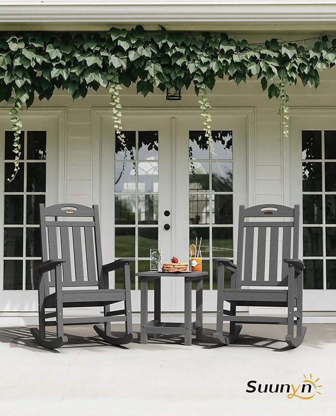 Oversized Outdoor Rocking Chairs Set of 4, High Back Porch Rocker Chair, HDPE All Weather Resistant Rocking Chairs for Patio, 380lbs Weight Capacity, Dark Grey