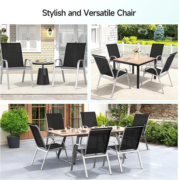 Patio Chairs Set of 4, Easily Set Up Stackable Outdoor Dining Chairs with High Back and Wide Seat, All Weather Breathable Outdoor Chairs Set of 4 with Metal Frame for Backyard Deck Pool, Black