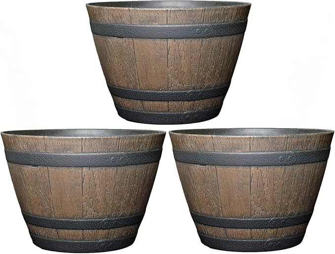 Classic Home and Garden Whiskey Plastic Resin Flower Pot Barrel Planter, Walnut Brown, 20.5" (Pack of 3)