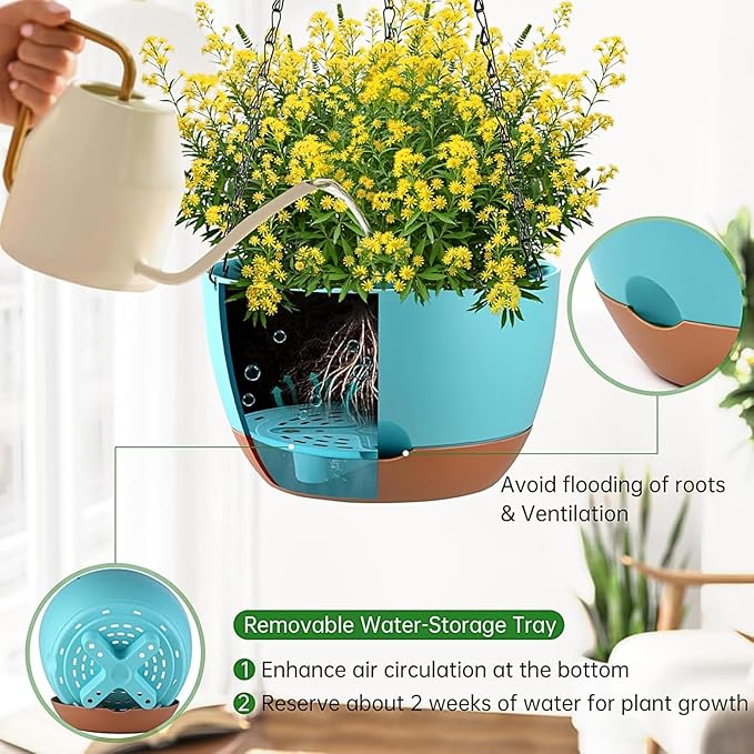 Hanging Planters for Indoor Plants, Set of 2 8/10 Inch Self-Watering Hanging Pots with Drainage Hole & Removable Water-Storage Tray II Screw-in Hooks