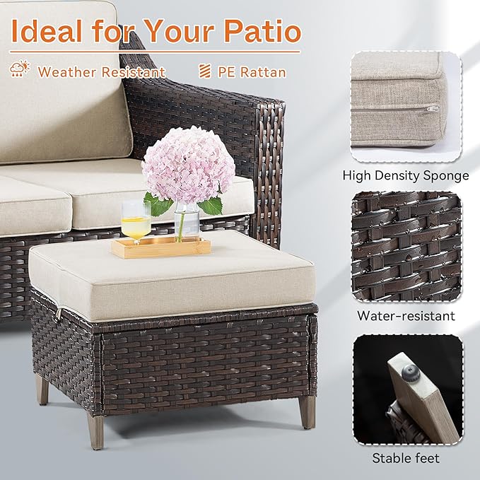 Joyside Patio Ottoman Set of 2, All Weather Outdoor Rattan Ottomans Patio Footstools with Removable Cushions for Garden Backyard Porch (Beige)