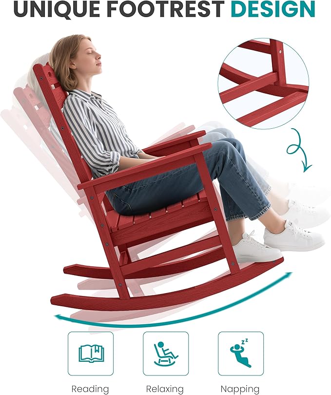 SERWALL Outdoor Rocking Chair Set of 2, Oversized Rocking Chair with Footboard for Adults, HDPE All Weather Resistant Rocking Chairs for Patio, 350lbs Weight Capacity,Red