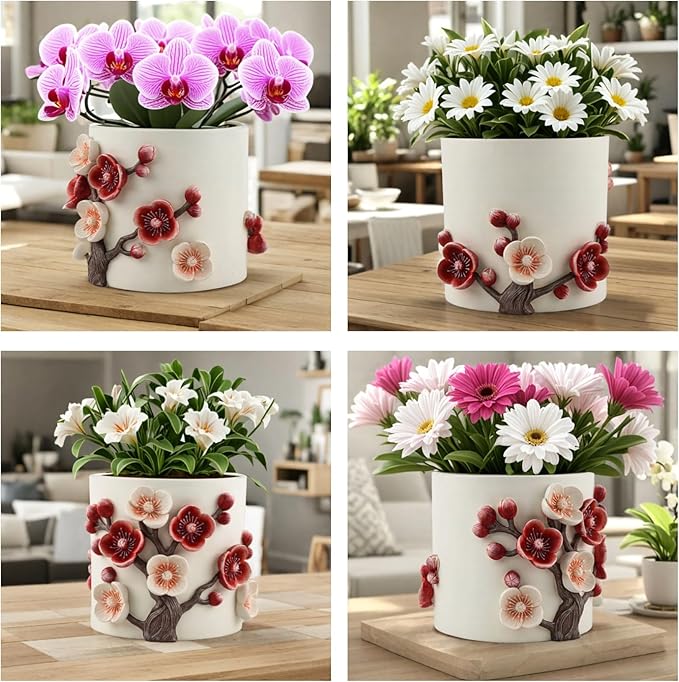 Flower Pot, 5 Inch Cute Plant Pots with Plum Blossom Design, Resin Decorative Flower Pots with Drainage for Indoor Plants, Succulents, Home and Garden Decor