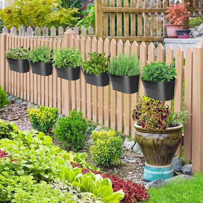 MADHOLLY Railing Planter with Drainage Holes - 6Pcs Sturdy Bucket Pots for Railing Fence, Countryside Style Metal Flower Pots for Herbs Balcony Garden Yard Decor, Black