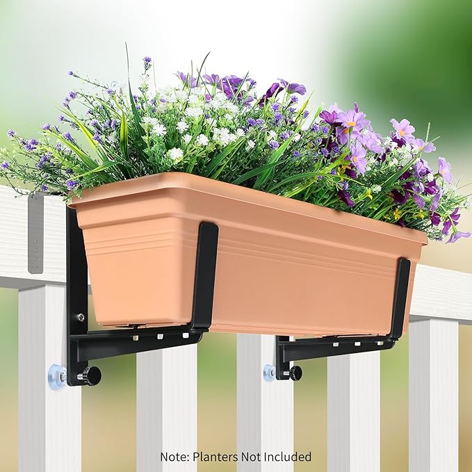 Window Box Brackets, Adjustable Planter Box Brackets, Heavy Duty Iron Flower Box Brackets for Railings, with Enhanced Bottom Support - Perfect for Balconies, Fences, and Gardens (Black, 2 Pack)