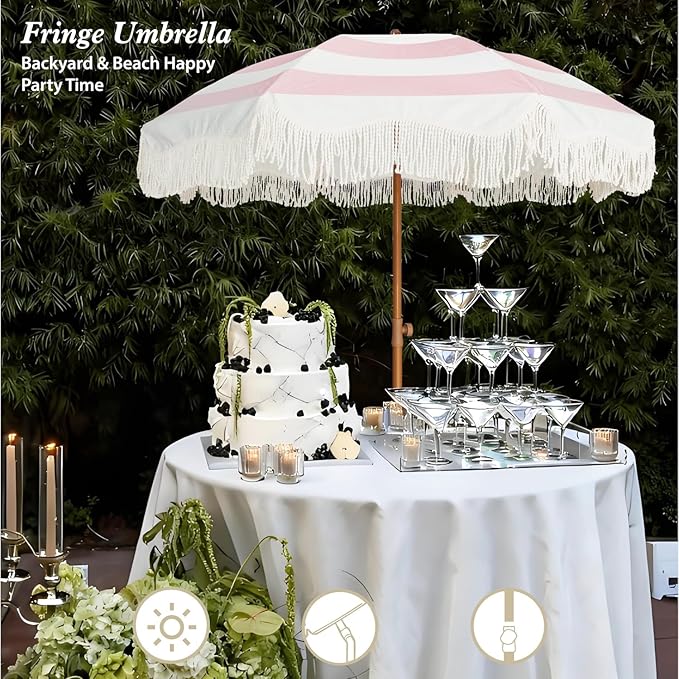 AMMSUN Boho Fringe Umbrella Outdoor Patio, 6.5ft UPF50+ Picnic Umbrella with Tassels with Steel Pole and Push Button Tilt, Pink Stripes
