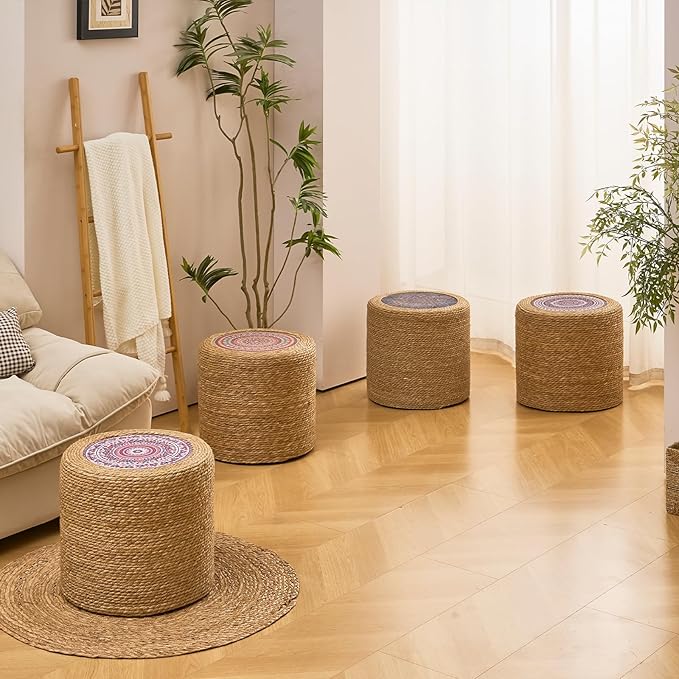 Wimarsbon Round Pouf Ottomans, Handwoven Natural Water Hyacinth Seagrass Pouffe,Outdoor Rattan Stool Accent Seat, Bohemian Coastal Home Decor (18inch Natural Cattail-Boho 3)