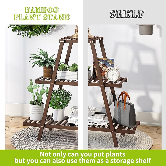 BMOSU Plant Stand Bamboo for Indoor Outdoor Tiered Plant Shelf 8 Potted Flower Holder Ladder Rack Garden Balcony Living Room Patio(3 Tier Brown)
