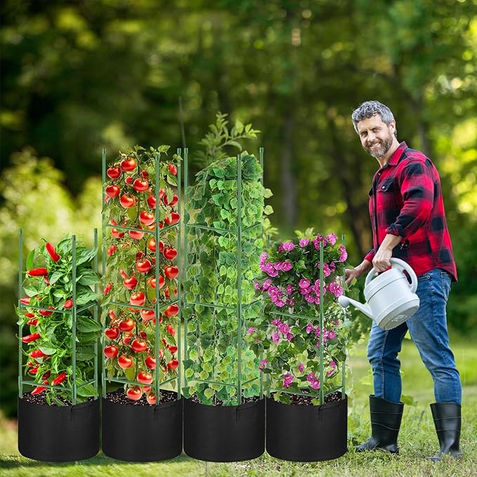 4 Pack Tomato Cages with 11 Gallon Grow Bags for Garden 55inch Tomato Planter with Trellis Heavy Duty Plant Stakes Support Frames for Climbing Vegetables Flowers Fruits Flowers