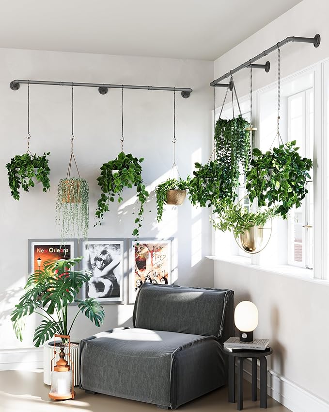 Plant Haning Rod, 2 Pack Hanging Planters for Indoor Plants with 6 Chains, Wall Plant Hanging Bar for Window Celling, 65.7 Inch, Metal Black, Pots Not Included