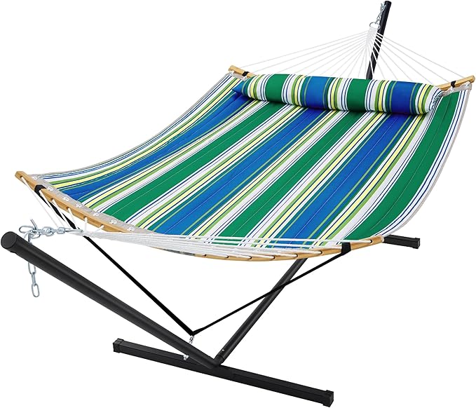 SUPERJARE Curved-Bar Hammock with Stand, 2 Person Heavy Duty Hammock Frame, Detachable Pillow & Portable Carrying Bag, Perfect for Outdoor & Indoor, Green Bold Stripe