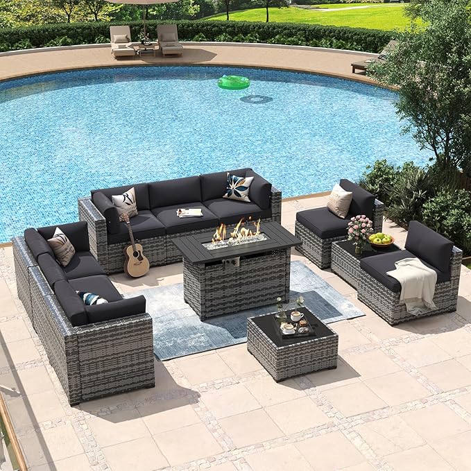 Aoxun 11 Piece Patio Furniture Set with 44” Fire Pit Table Wicker Rattan Outdoor Sectional Sofa Set with Coffee Table and Thickened Cushions, Grey/Black (Waterproof Cover Included)