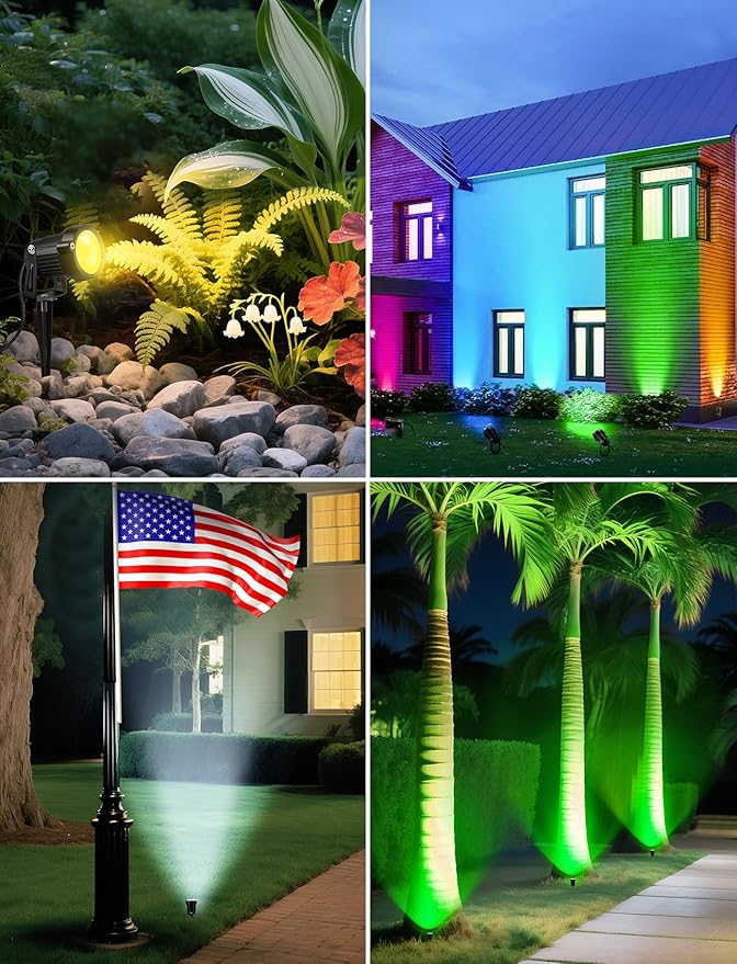 OurLeeme Lawn Flood Light Stake, 2-in-1 Waterproof Outdoor Remote controlle Landscape Lighting Spotlight Wall Light for Yard Garden Driveway Pathway Pool (4 Pack)