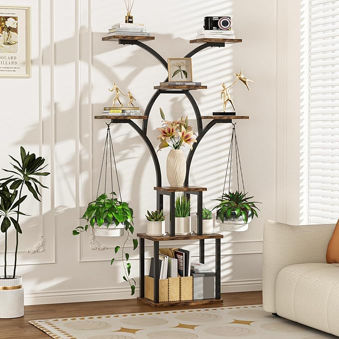 Elbourn Plant Stand Indoor with Grow Lights - 60" Tall Metal Plant Shelf for Multiple Plants, 8 Tiered Corner Plant Stands for Indoor Plants, X - Shaped Decorative Rack for Home, Living Room & Patio Decor (Brown)