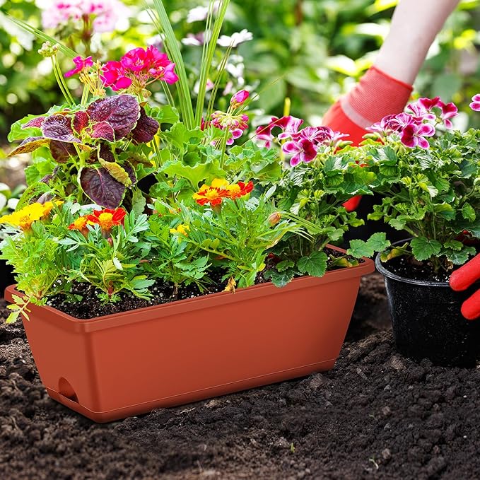 CADUKE Railing Planter Boxes Deck 2 Pack Railing Flower Box with Adjustable Bracket 17 Inch Window Boxes Rectangle Window Deck Hanging Planters Boxes for Outdoor Patio, Red