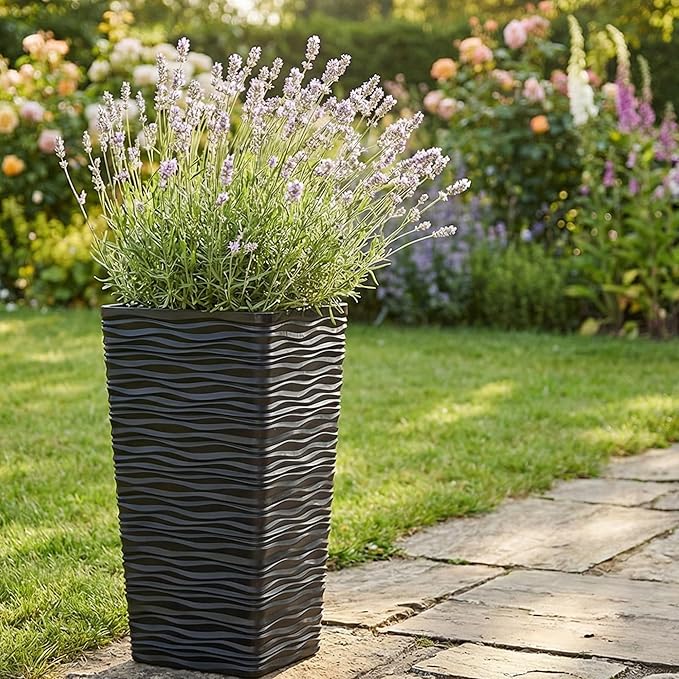 Worth Garden 2-Pack Black Tall Planter - Plastic Square Tapered Tree Plant Pots with Drainage Hole for Indoor Outdoor - 22" H Modern Wavy Finish Decorative Flower Pots for Front Porch Patio Deck