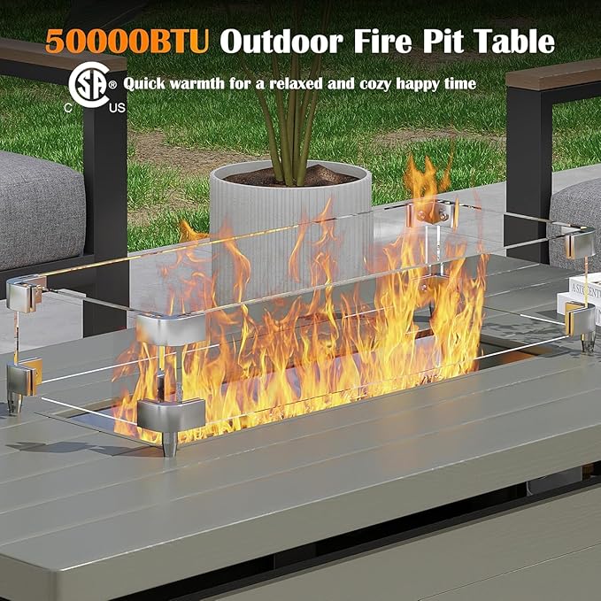 Sundale Outdoor 7 Pieces Patio Furniture Set with Fire Pit Table, L-Shaped Outdoor Sectional Sofa with 6 Inch Olefin Cushion, All-Weather Modern Metal Outdoor Conversation Sets for Backyard, Poolside