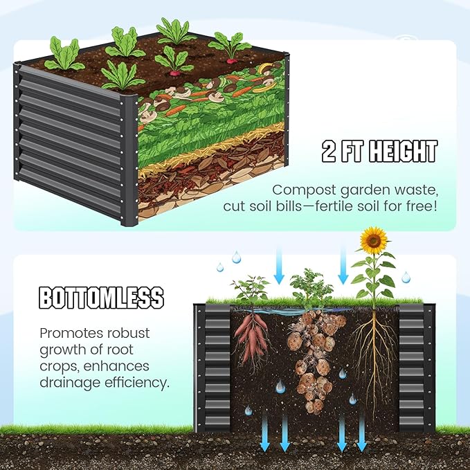 Quictent Galvanized Raised Garden Bed 4x3x2ft Tall Garden Bed Extra Height 22.4" Hold 24cft Soil Outdoor Heightened Planter Box for Deep Root Vegetables Herbs Tomato Cage Included, Dark Grey