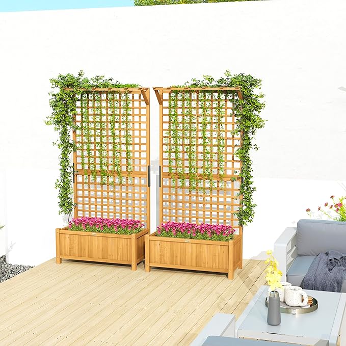Outsunny Wood Planter with Trellis, Raised Garden Bed for Climbing Plants with Drainage Holes and Roof, 35.5 x 17.75 x 72 Inch, Pack of 2, Yellow