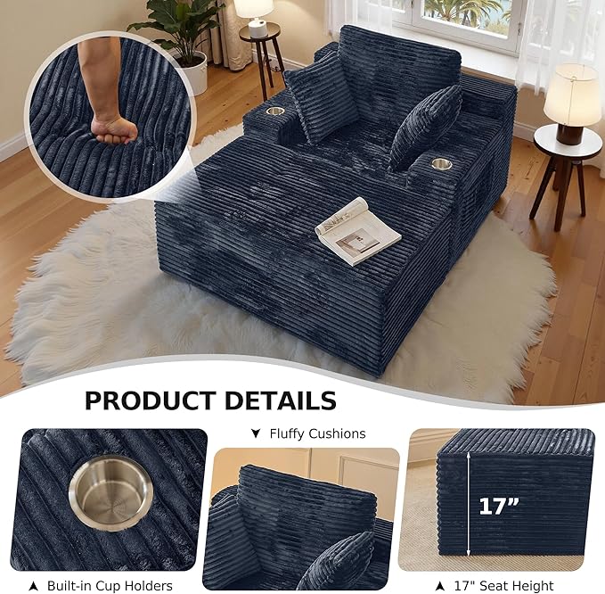 CHORRO67 Chaise Lounge Chair Indoor,Oversized Boneless Single Sleeeper Couch Bed,Corduroy Cloud Sofa with 3 Soft Pillows for Livingroom,Bedroom,No Assembly (Grey)