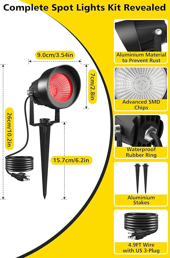 T-SUN Red Spotlight Outdoor, Waterproof LED Landscape Lighting with US Plug, Easy Install 270° Adjustable Outdoor Spot Lights for Garden Tree Yard Decor, Set of 2