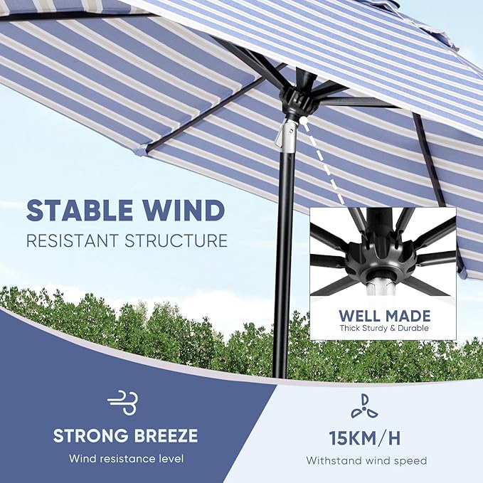 Tempera Patio Market Outdoor Table Umbrella with Auto Tilt and Crank, Large Sun Umbrella with Sturdy Pole & Fade Resistant Canopy, Easy to Set