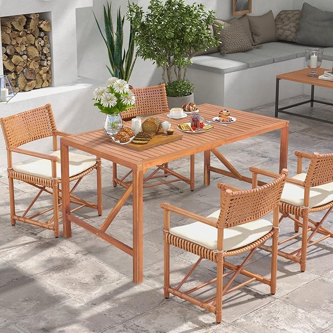 Tangkula 55" Acacia Wood Outdoor Dining Table for 4-6 Person, Rectangular Patio Dining Table with 2" Umbrella Hole and Support Bars, Indoor Outdoor Dining Furniture for Deck, Garden, Poolside & Yard