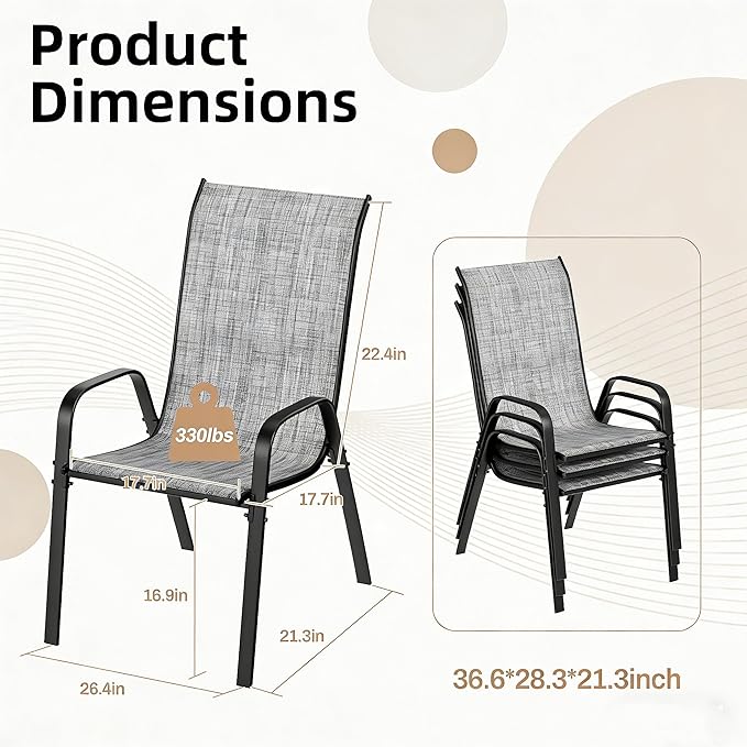 MAMIZO Patio Dining Chairs, Stackable All Weather Teslin Chair, Heavy Duty Outdoor Breathable Chairs Set, w/Armrests, Upgraded Chair FeetW/Strenthened Iron Spacers, 330 LBS (8, Grey)